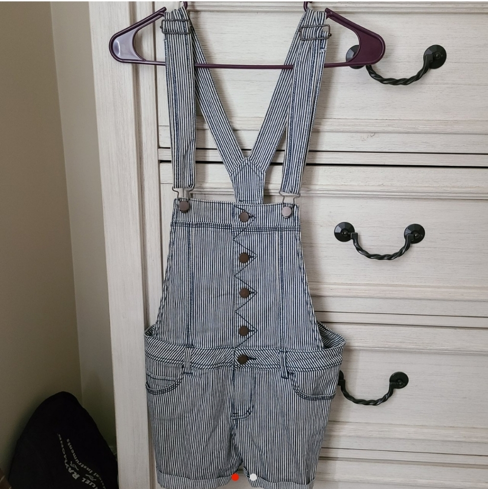 navy blue striped denim overall shorts